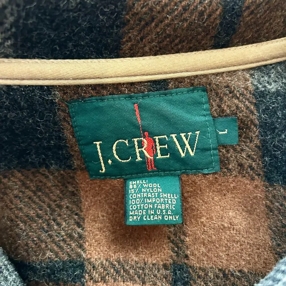 Vintage J.Crew Wool Plaid Zip Jacket Brown Gray Made in USA Mens L Unisex